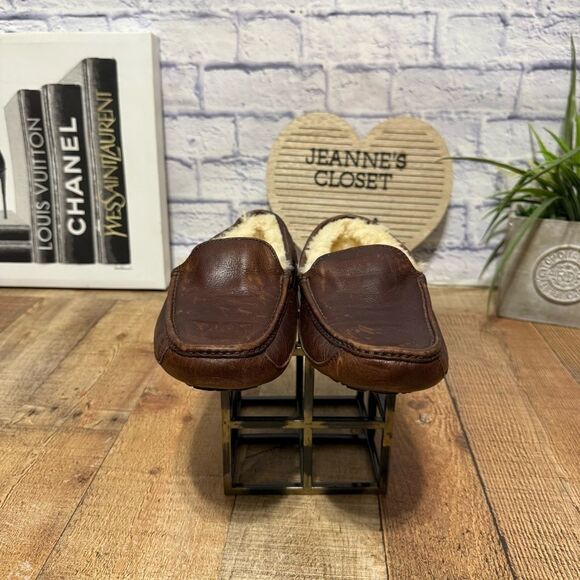 Ugg Ascot Slippers Men's Sz 8 Brown Leather Shearling Slip On Casual Shoe - Picture 5 of 10